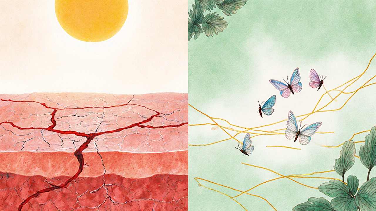 Peau endommagée à gauche, réparée à droite, avec des molécules d&#039;allantoïne sous forme de libellules dorées.