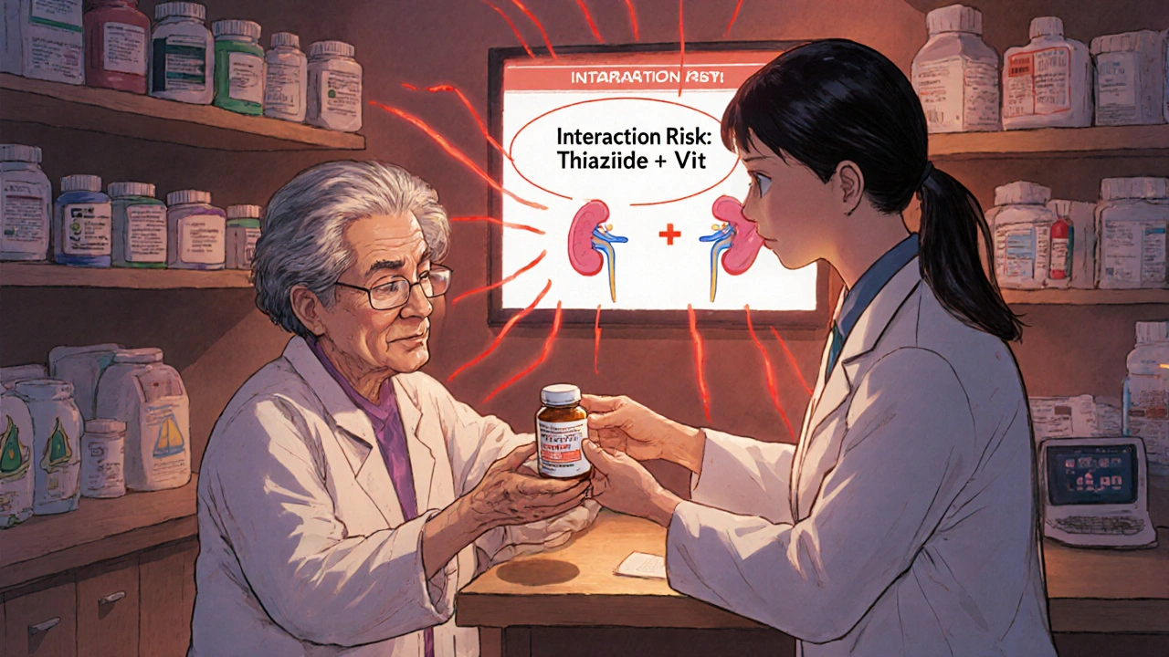 Pharmacien arrêtant une femme âgée de prendre un complément de vitamine D dangereux, alerte numérique en arrière-plan.