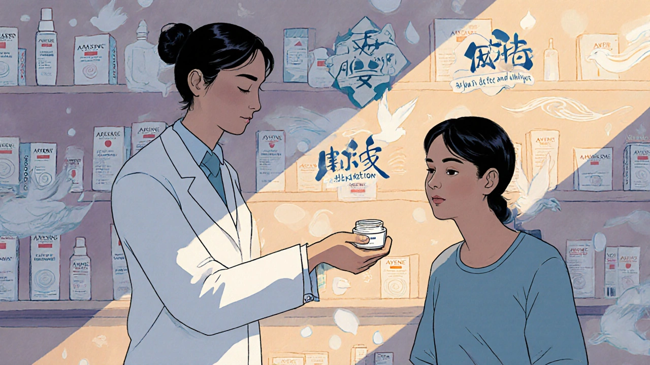 Pharmacien remettant une crème apaisante à un patient, avec des symboles de calme flottant autour.