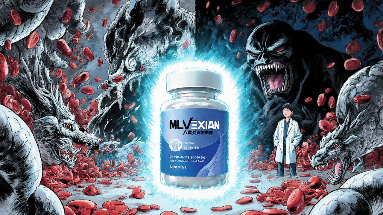 Pilule Milvexian résistante aux enzymes, face à un monstre rifampicine, dans un laboratoire stylisé.