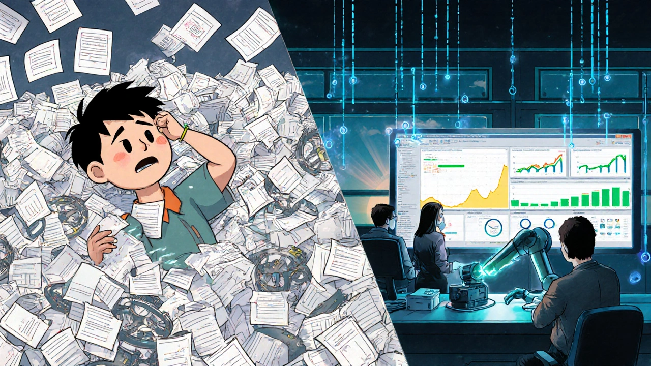Scène comparant un atelier chaotique avec papier partout et un système numérique efficace affichant des taux de défauts en baisse.