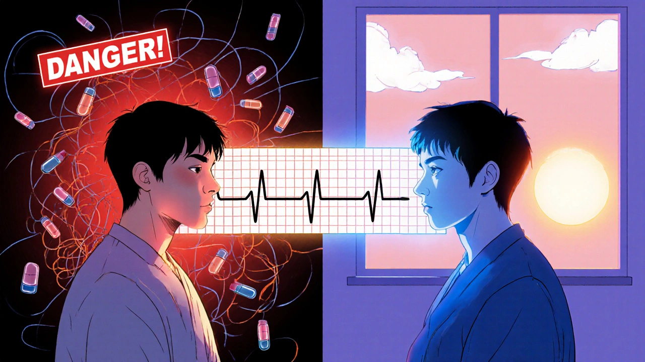 Scène divisée : risque élevé à gauche, sécurité avec buprénorphine à droite, soleil levant et ECG normal.