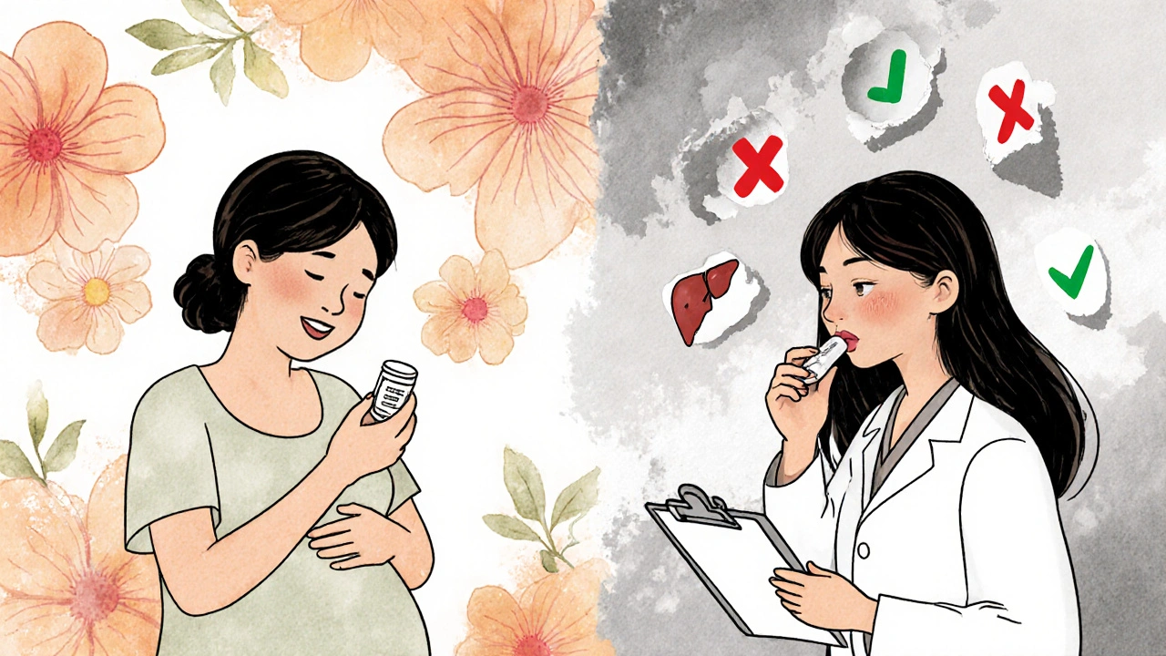 Scène divisée : une femme enceinte applique une crème sûre à gauche, tandis qu&#039;une autre prend un comprimé oral avec des avertissements à droite.