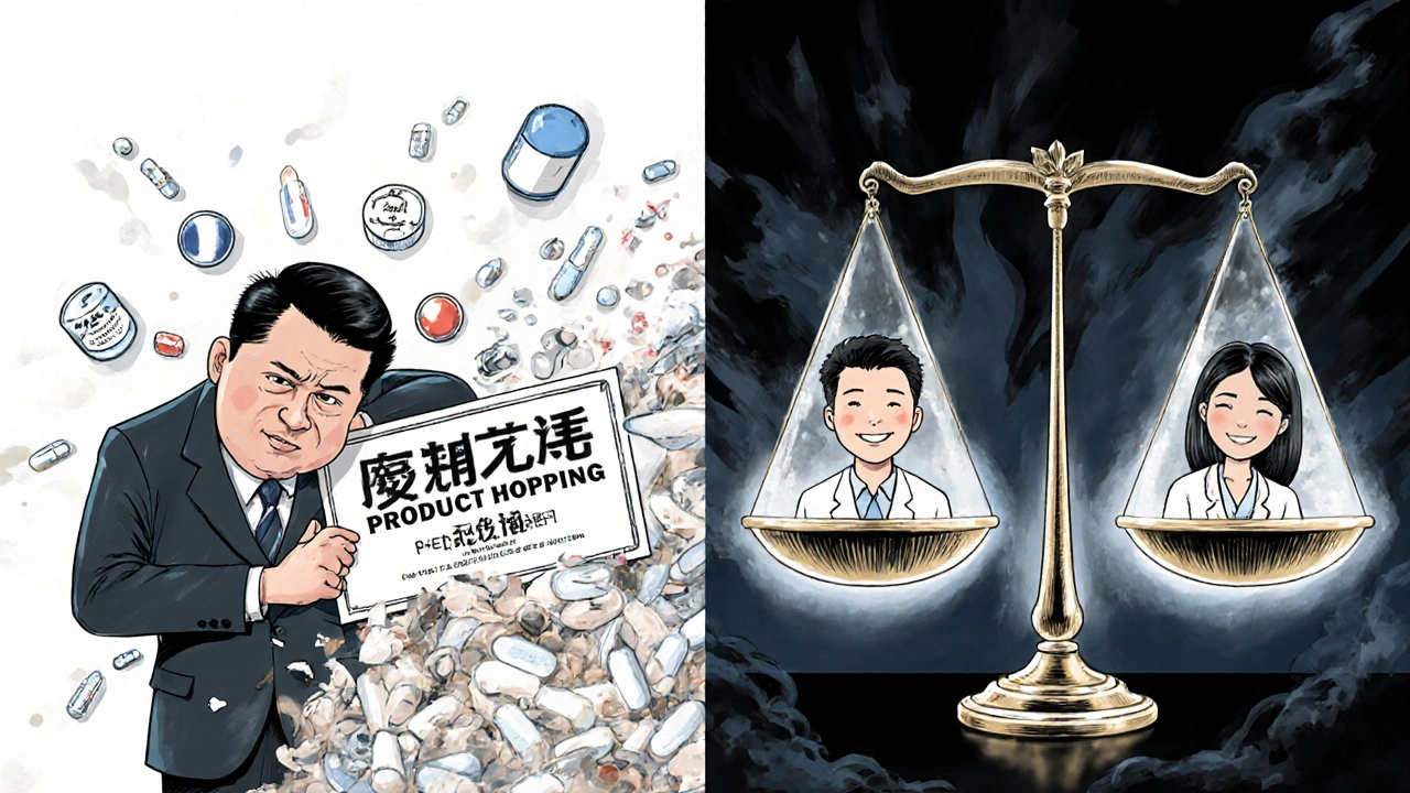 Scène en deux parties : un laboratoire trompeur d&#039;un côté, des patients heureux avec des génériques de l&#039;autre.