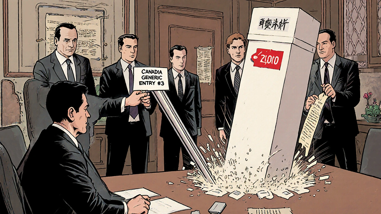 Table de négociation où un levier fait tomber un plafond de prix sur un médicament de marque.