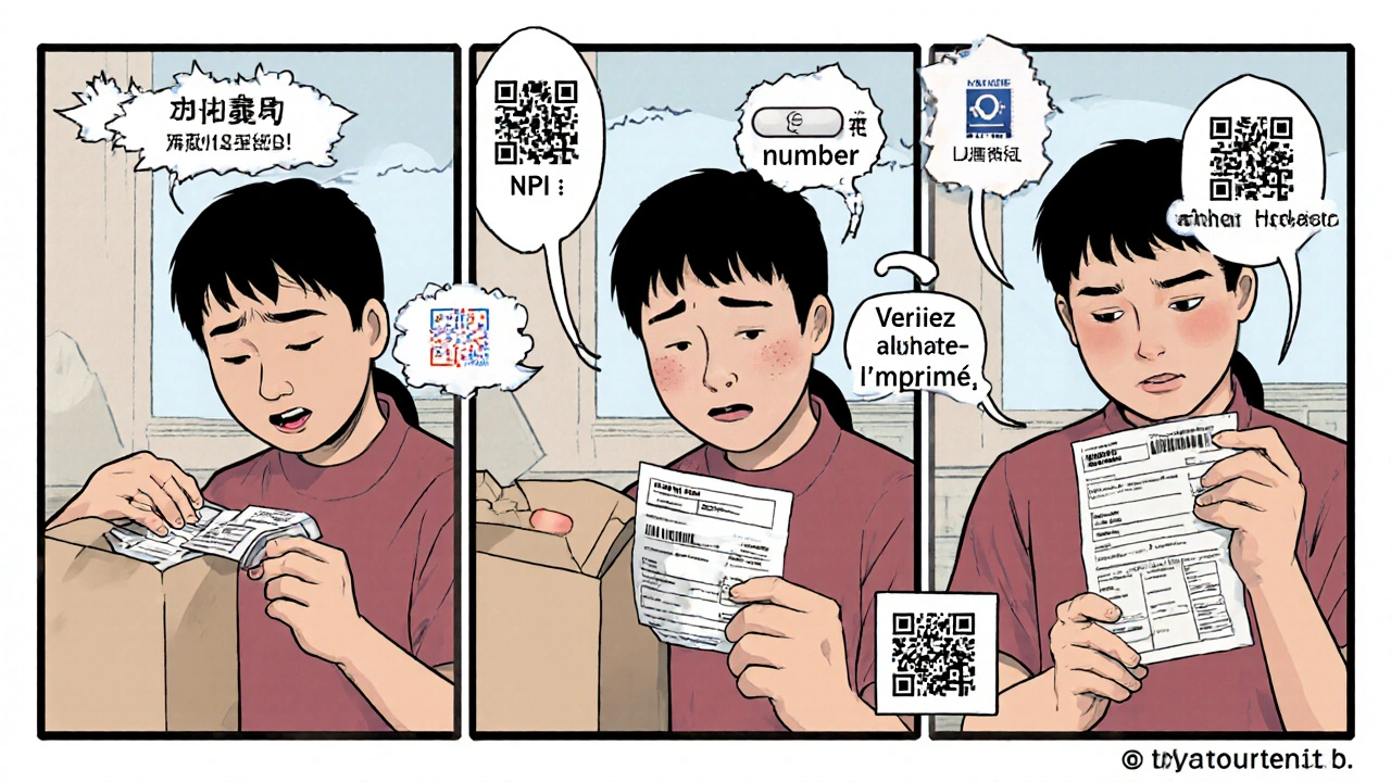 Trois scènes montrant un patient vérifiant son médicament à la réception, avant la prise et lors du renouvellement.