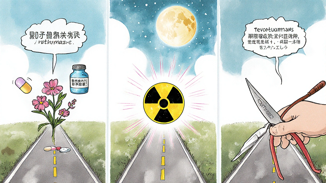 Trois voies de traitement illustrées comme des chemins : médicaments, iode radioactif et chirurgie, avec un nouveau traitement en forme de lune brillante.