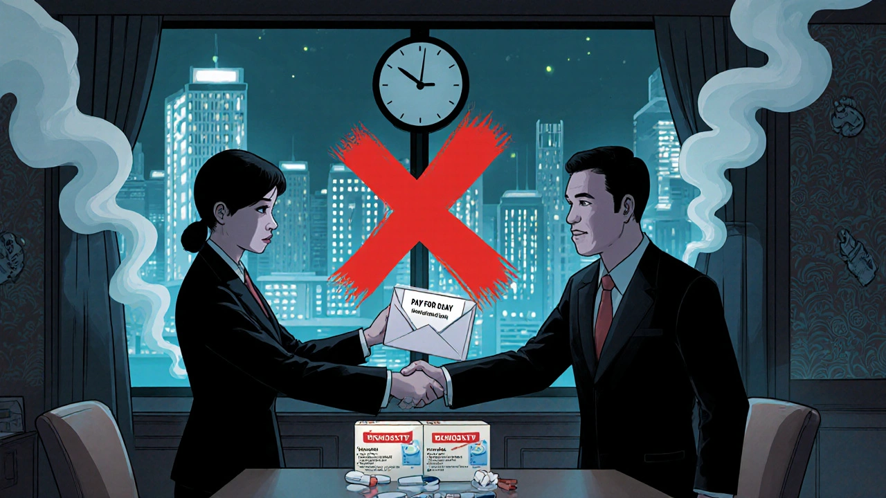 Un executive remet un enveloppe &#039;Pay-for-Delay&#039; à un fabricant de génériques, dans une pièce sombre au style manhua.