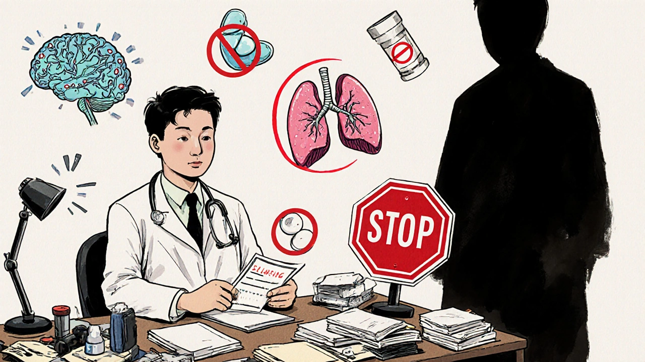 Un médecin prescrit simultanément deux médicaments qui ralentissent la respiration, entouré de symboles de danger.