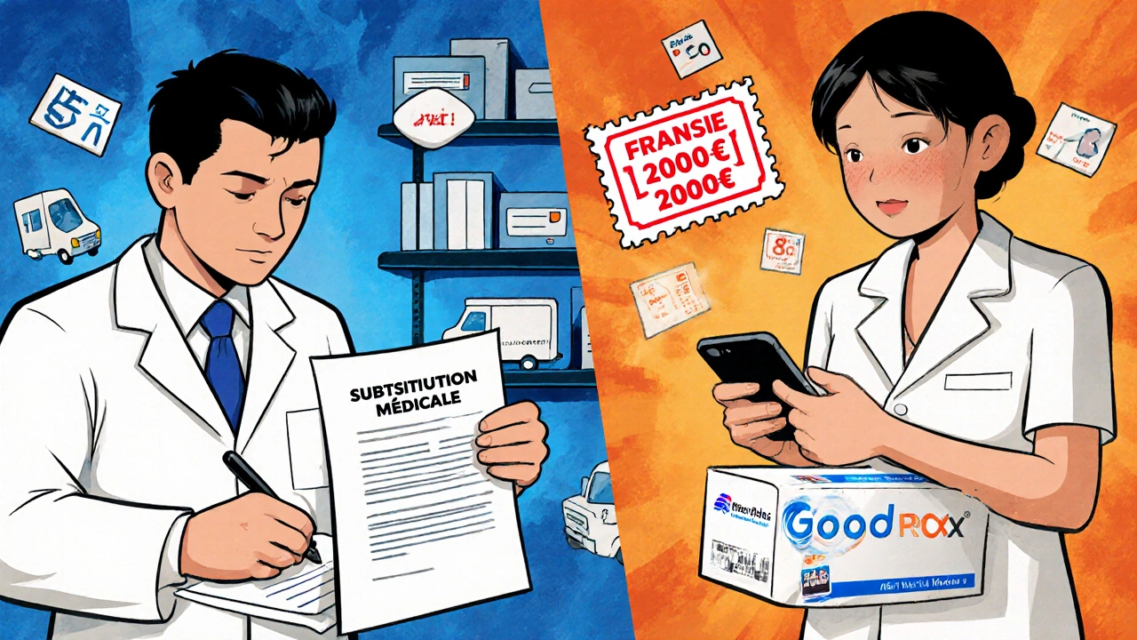 Un médecin remplit un formulaire d&#039;exception médicale tandis qu&#039;un patient reçoit un colis de médicaments par courrier, comparé à un prix en espèces plus bas sur un téléphone.