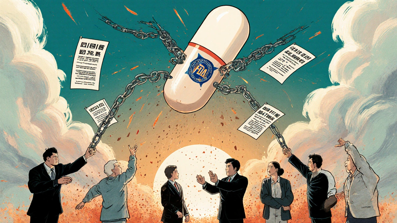 Un médicament générique héroïque brise des chaînes juridiques, tandis que des patients espèrent dans un ciel coloré, style manhua.