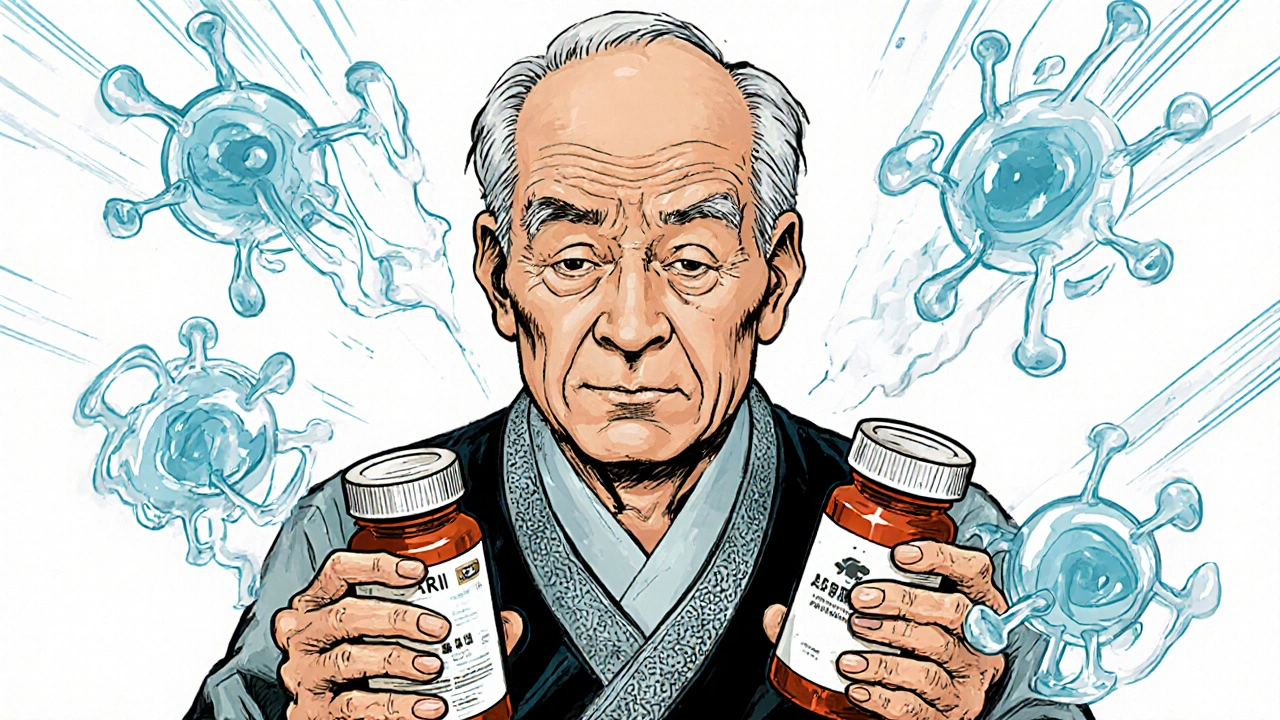 Un patient âgé entouré de comprimés, avec des interactions médicamenteuses fantomatiques se disputant au-dessus de sa tête.