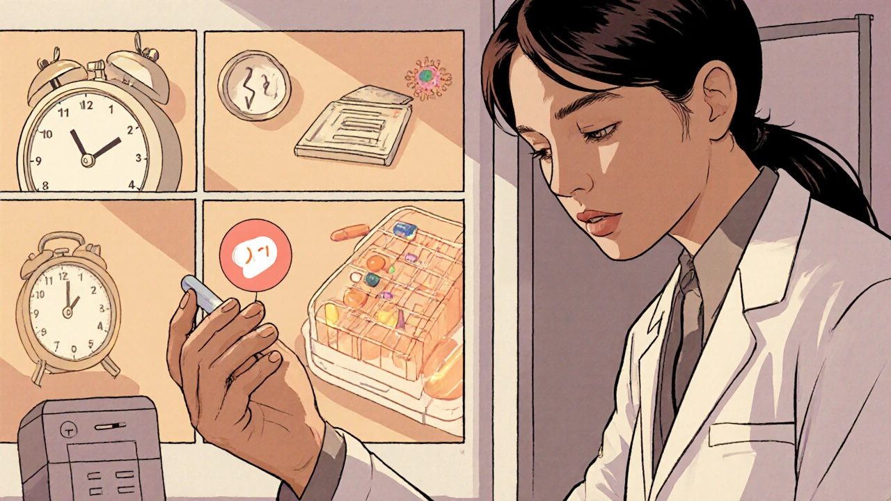 Un patient reçoit un traitement simplifié en une seule pilule, entouré de rappels quotidiens.