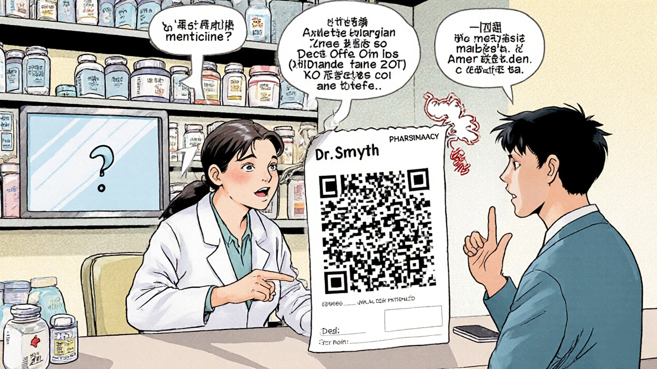Un pharmacien et un patient discutent d&#039;une erreur sur une étiquette de prescription, avec des noms mal orthographiés.