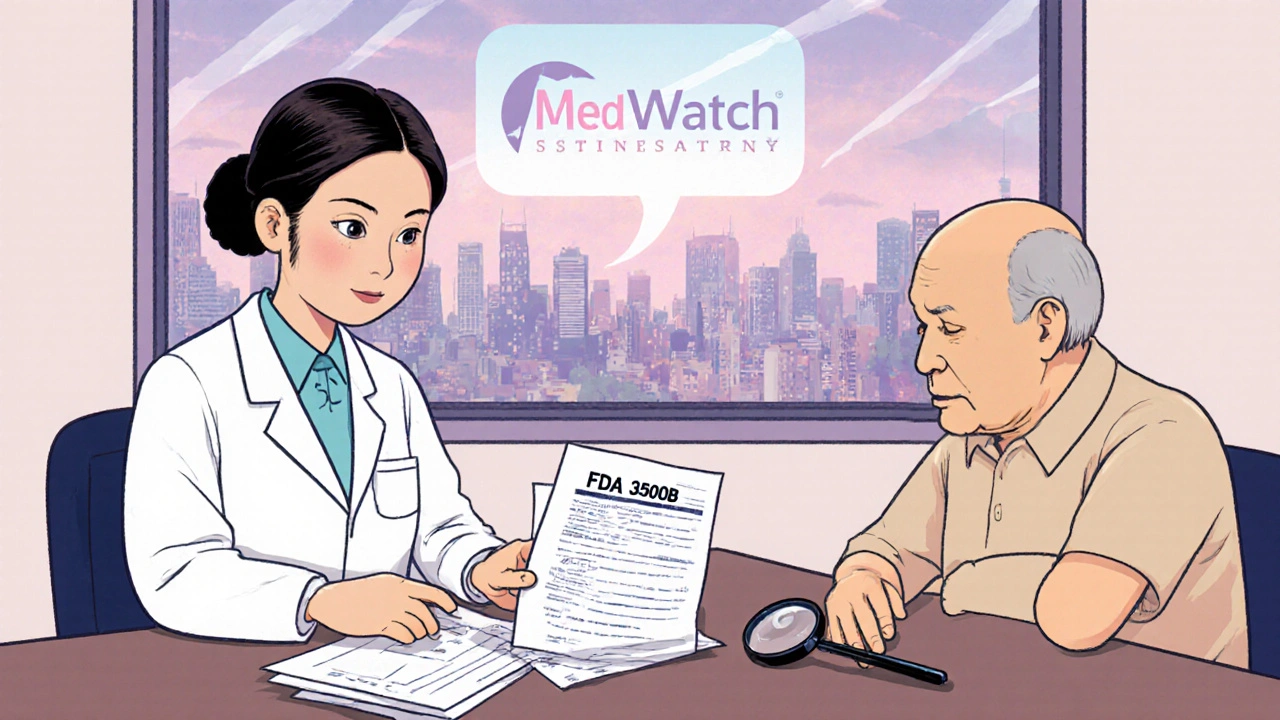 Un professionnel de santé aide un patient âgé à remplir le formulaire MedWatch en clinique.
