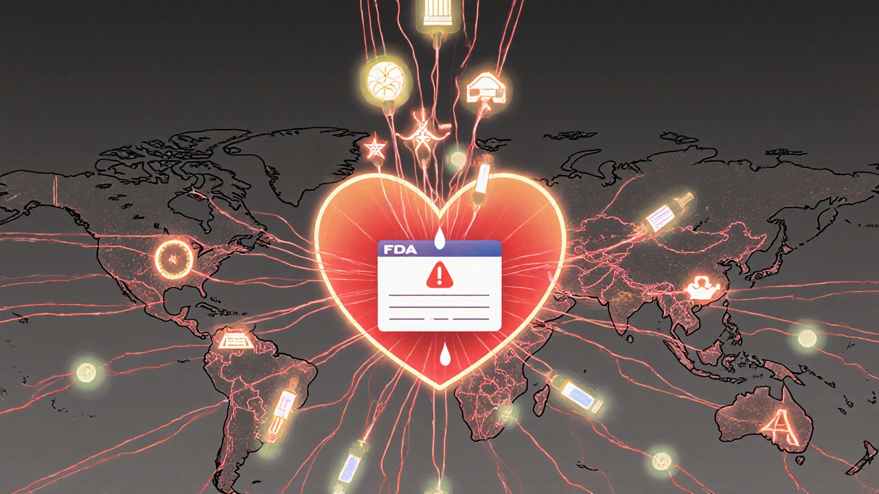 Un réseau mondial de signalements médicaux converge vers un cœur numérique représentant la FDA.