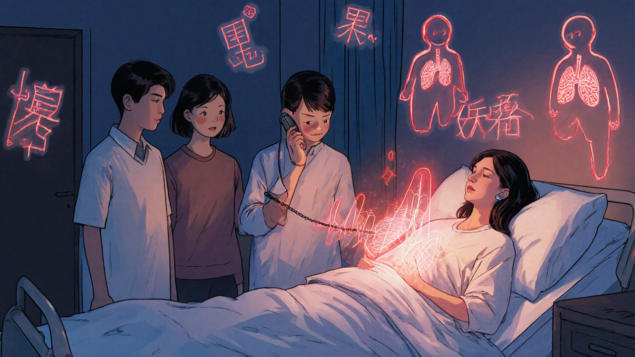 Une famille alertée par l’arrêt de la respiration d’un proche, des vagues de souffle disparaissant au-dessus du lit.