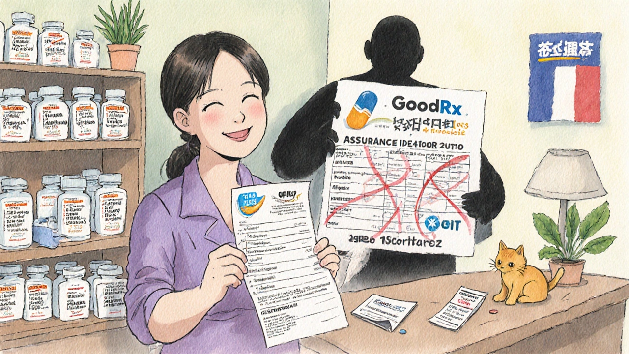 Une femme dépose une abonnement RxPass avec des bouteilles de génériques, tandis qu&#039;une ombre de son assurance masque la plupart des médicaments sur une liste.