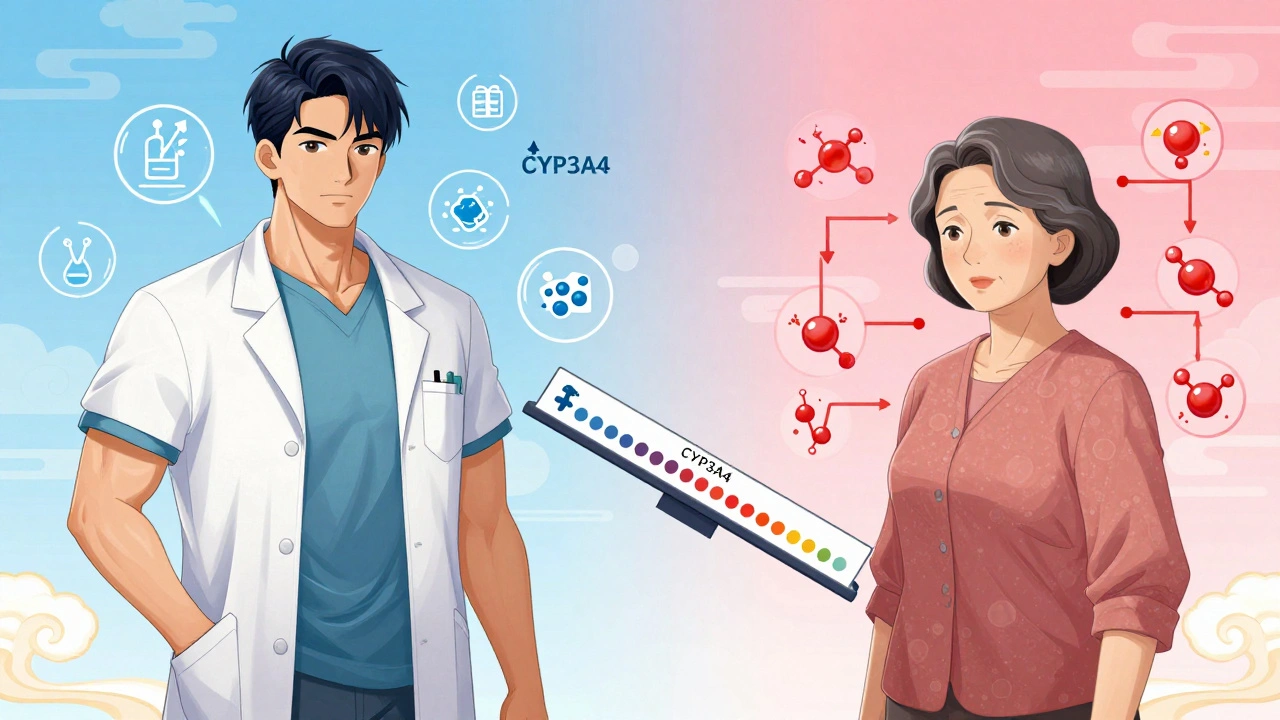 Comparaison des métabolismes masculin et féminin avec des icônes de enzymes et de lipides.