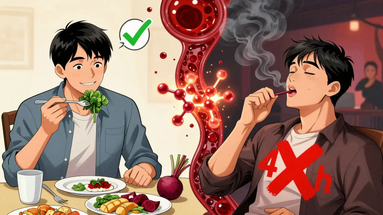 Comparaison entre un repas sain et l'usage de poppers, avec un symbole rouge X et une molécule cGMP en surcharge.