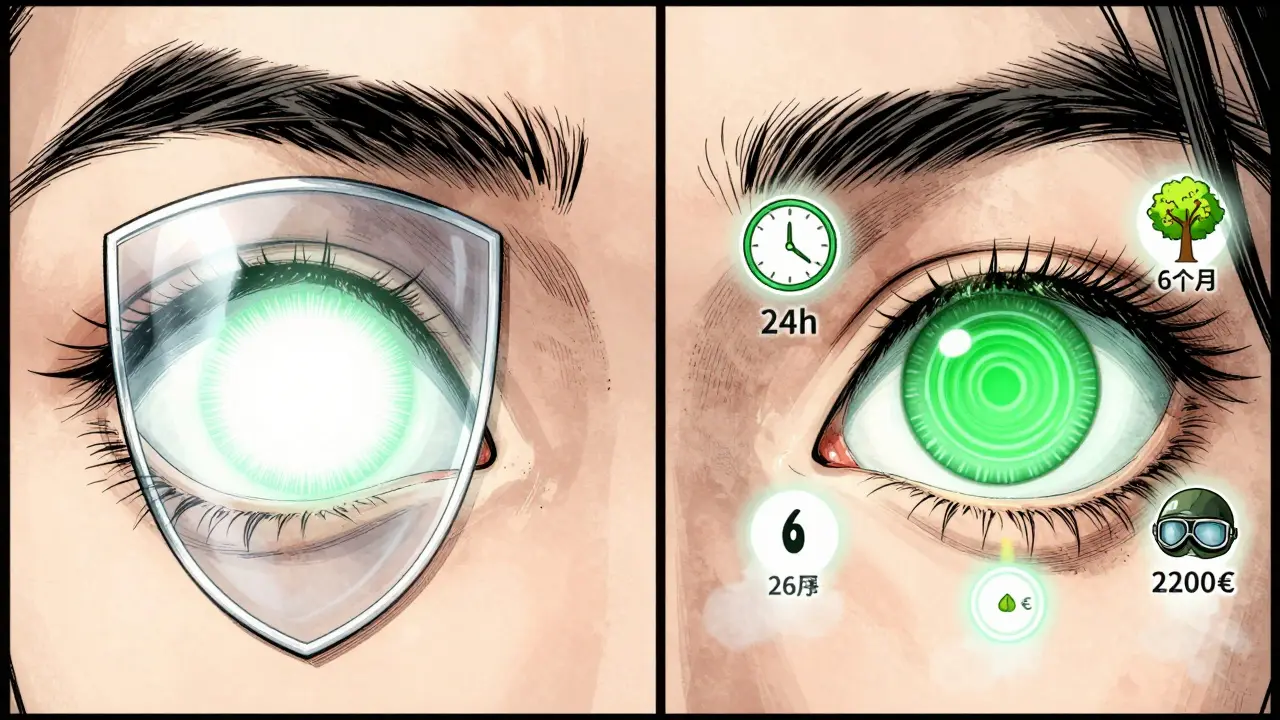Comparaison visuelle d'un œil LASIK et PRK avec symboles de temps, risque et prix.