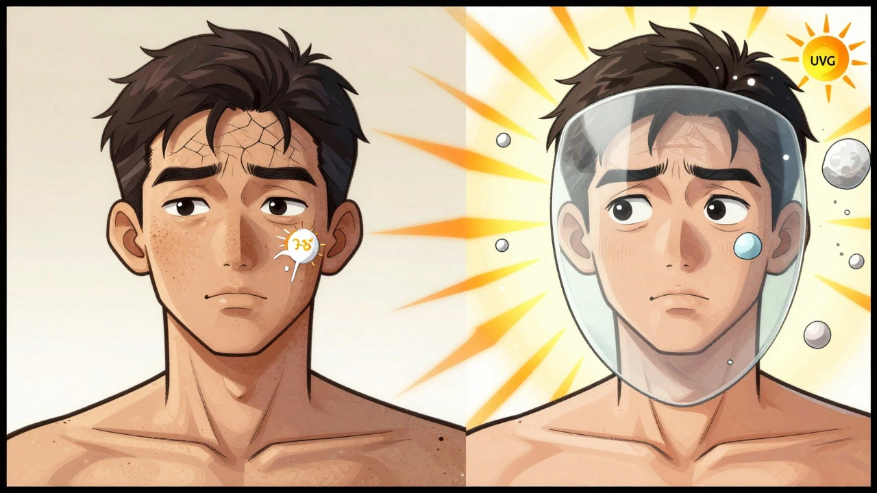 Comparaison visuelle entre une application insuffisante et une application correcte de crème solaire.