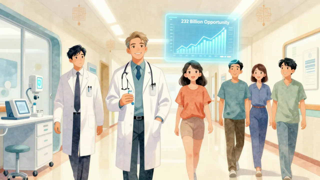 Couloir hospitalier en 2027 : patients européens et américains reçoivent le même biosimilaire, graphiques flottants en arrière-plan.