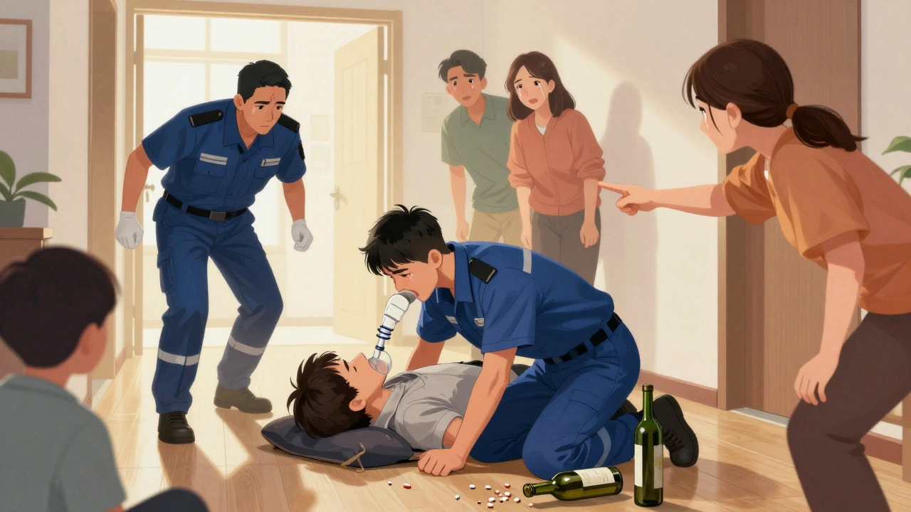 Des secouristes pratiquent une respiration artificielle dans une maison, une famille regarde avec angoisse, des flacons de médicaments au sol.