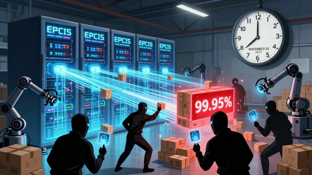 Des serveurs numériques et des codes produits s&#039;écoulent dans un entrepôt, tandis que des faux médicaments sont repérés par des alertes rouges.