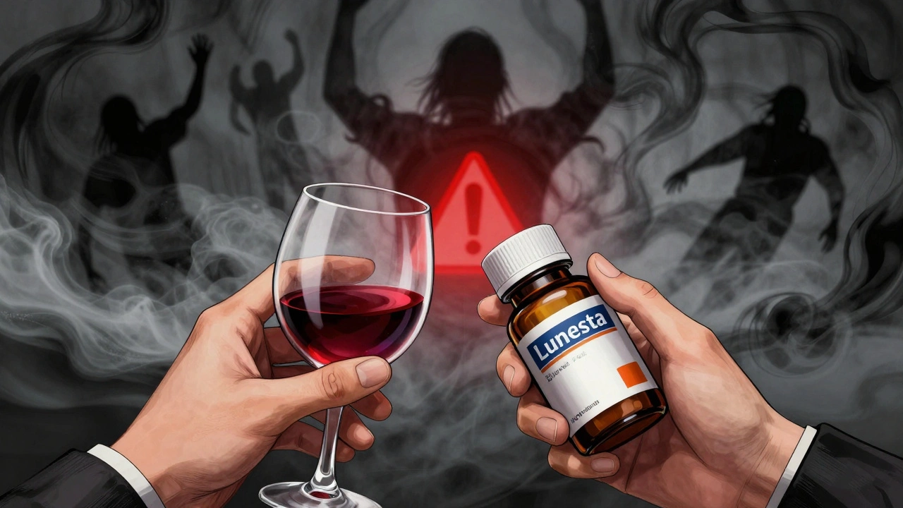 Deux mains tenant un verre de vin et une pilule, une ombre sombre s&#039;étend autour d&#039;elles, symbole de danger flottant en arrière-plan.