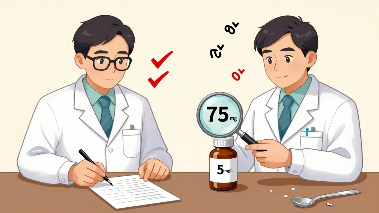 Deux professionnels vérifient ensemble la dose exacte dans un flacon, une cuillère cassée à terre, des chiffres flottants confirment la bonne quantité.