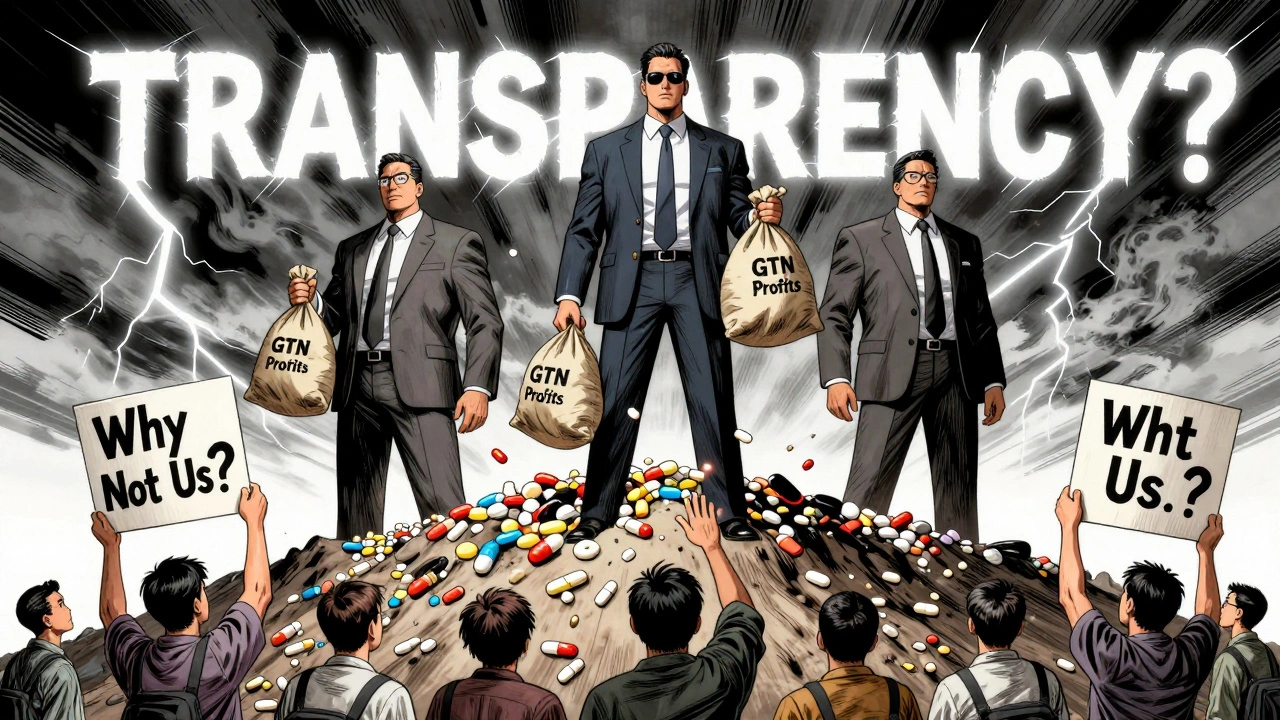 Dirigeants de PBMs sur un monticule de médicaments abandonnés, gardant des profits tandis que des employés réclament plus de transparence.