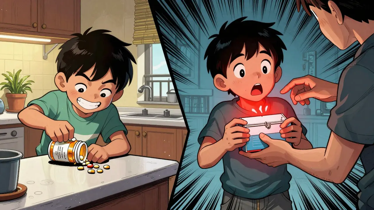 Enfant sur le point de prendre des pilules sans autorisation, une boîte sécurisée l'arrête.