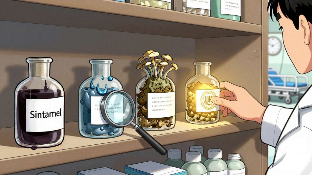 Étagère de suppléments avec des contaminants cachés : mercure, sildénafil et moisissure, un sceau USP brille en sécurité.