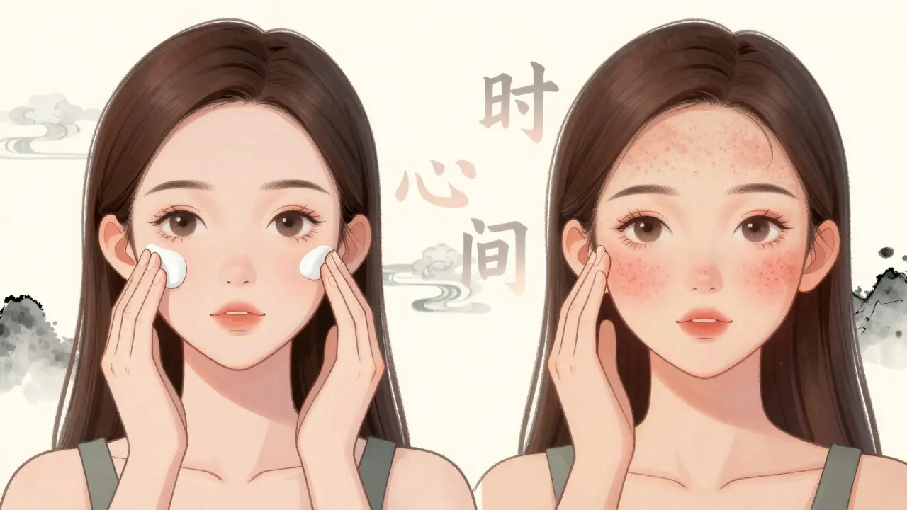 Femme appliquant une crème topique, avec son visage qui s'améliore progressivement, style manhua chinois.