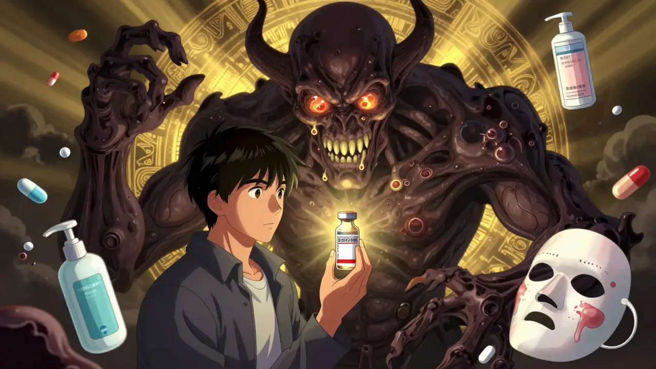 Jeune homme combattant un démon de l'acné cystique, tenant une fiole de isotrétinoïne, style manhua chinois.