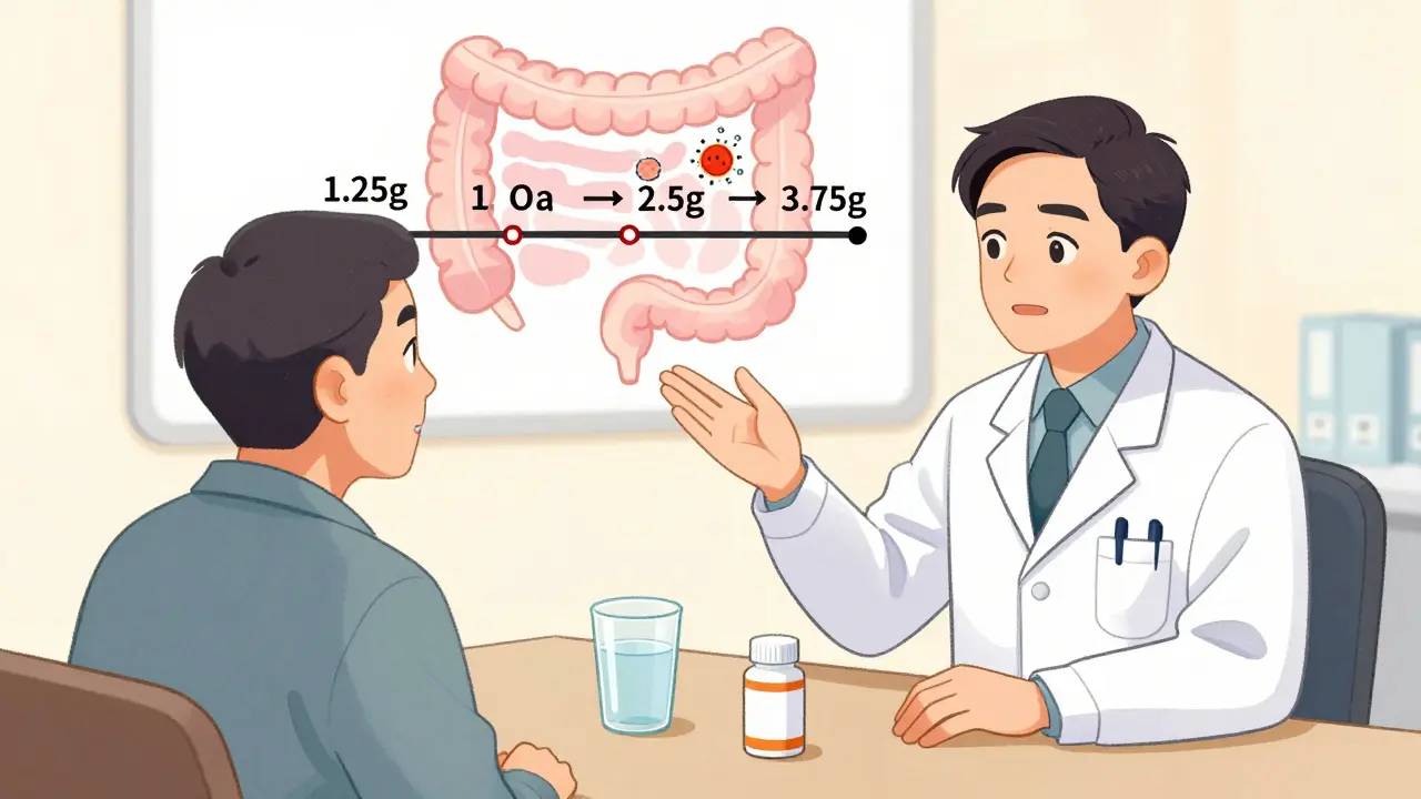 Médecin expliquant un protocole progressif de prise de colesevelam à un patient, avec des aliments riches en fibres.