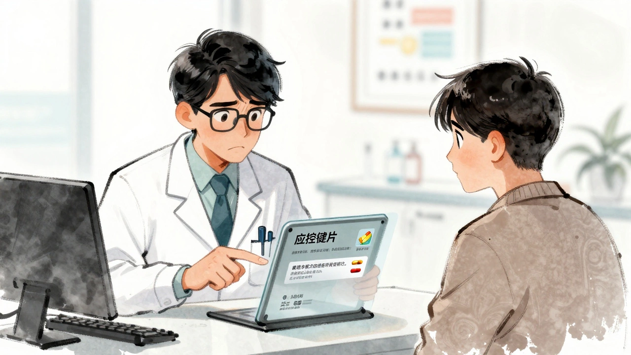 Médecin montre à un patient une alternative générique sur une tablette, les deux médicaments contenant la même substance active.