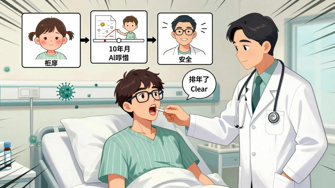 Patient subissant un test oral contrôlé sous surveillance médicale, avec un historique visuel en vignettes.