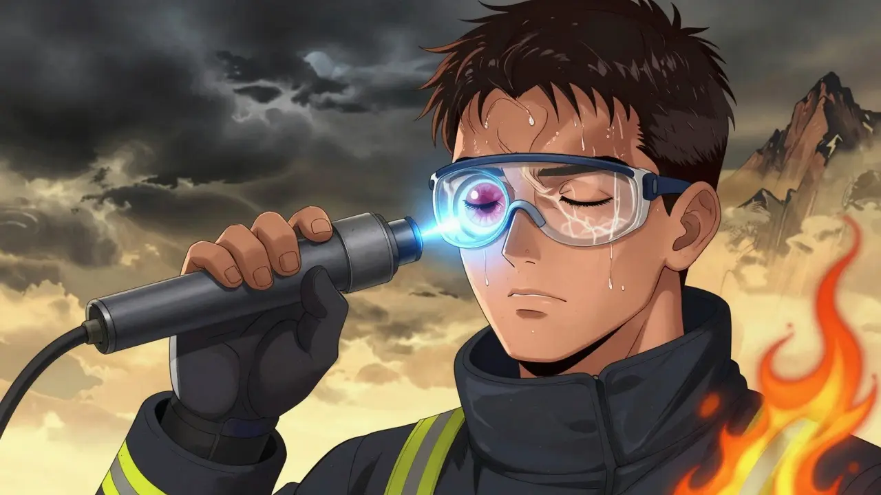 Pompier en train de subir un PRK, un lentille protectrice au-dessus de son œil en guérison.