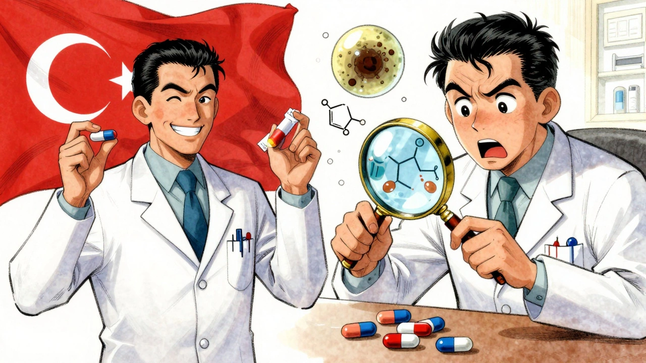 Scène divisée : un médecin à l&#039;étranger prescrit des médicaments, tandis qu&#039;un pharmacien français les examine avec inquiétude.