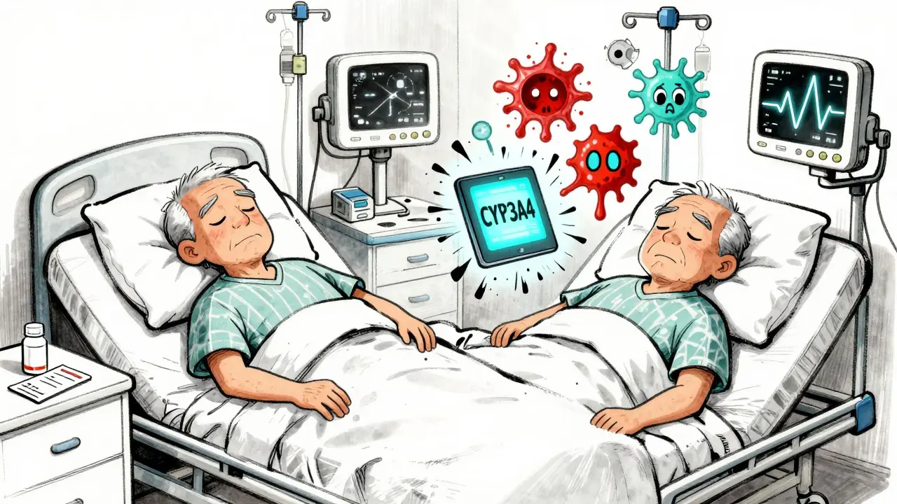 Scène divisée : un patient en paix à la maison vs le même patient en hôpital avec des signes d'interactions médicamenteuses toxiques.