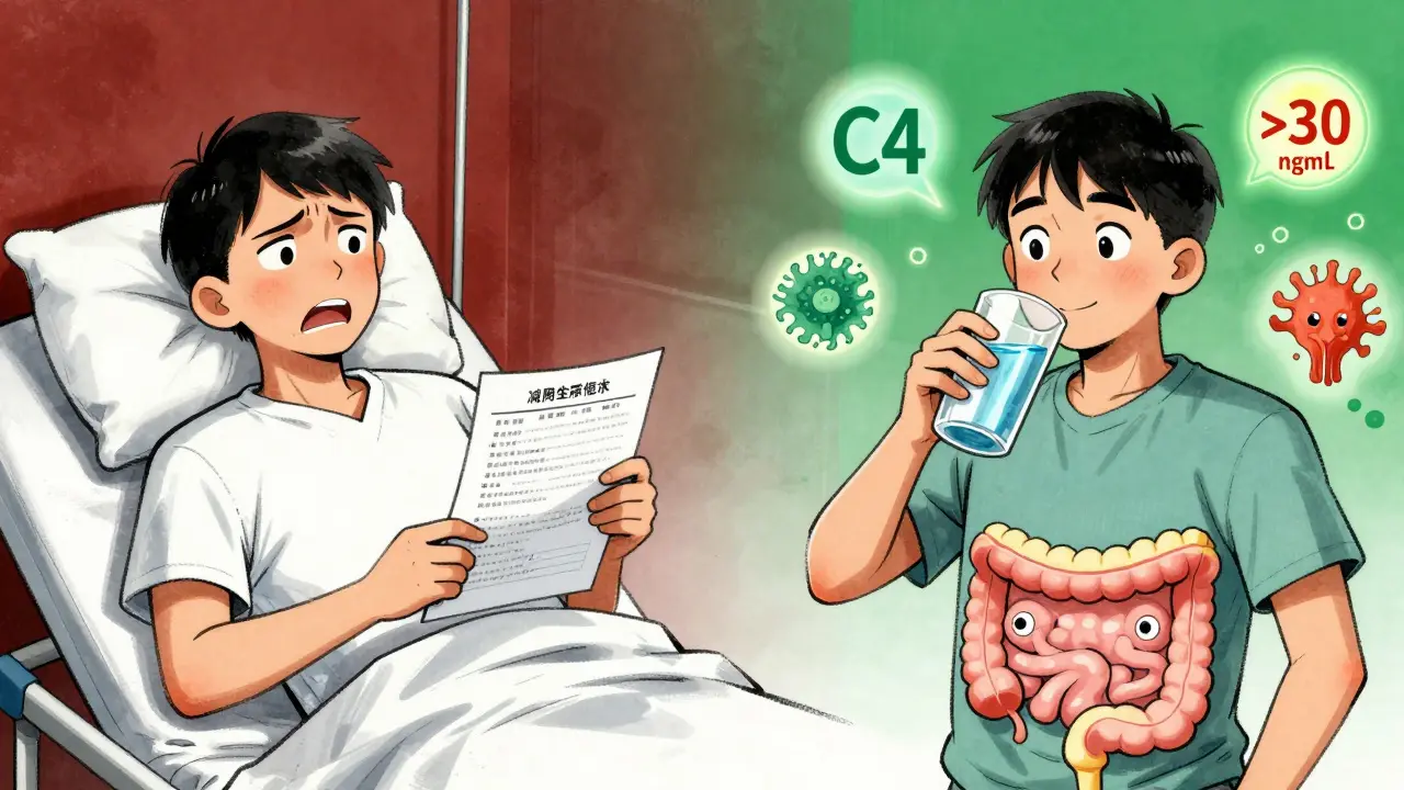 Scène en deux parties : patient en urgence à gauche, en bonne santé à droite, avec un biomarqueur C4 en évidence.