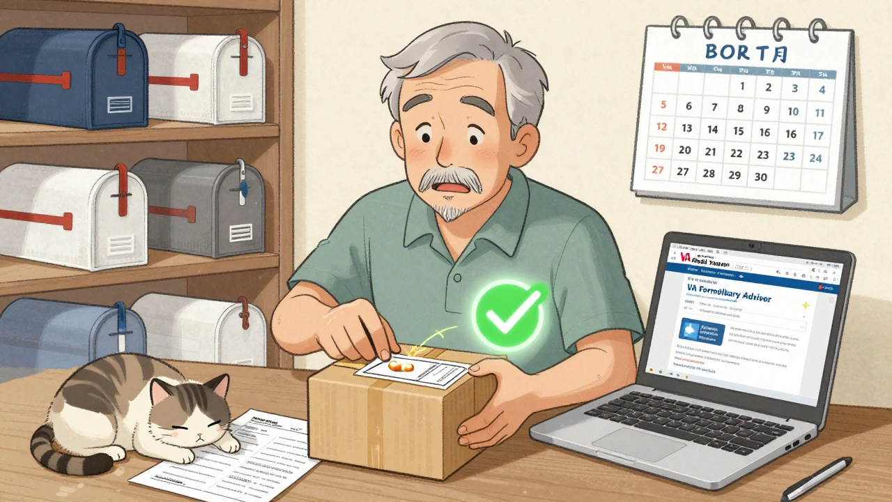 Un ancien combattant ouvre un colis de médicaments livrés par courrier, entouré d&#039;éléments domestiques et d&#039;un écran d&#039;information.