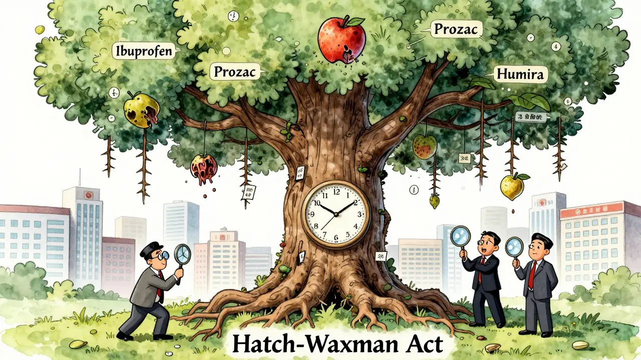 Un arbre symbolique du système de brevets porte des fruits de médicaments, avec des avocats luttant contre des brevets secondaires en forme d'épines.