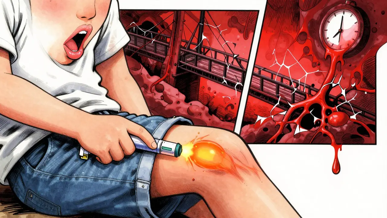 Un auto-injecteur en action sur la cuisse, avec des visualisations graphiques des réactions allergiques internes.