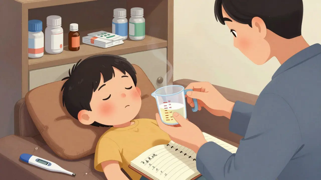 Un enfant repose sur un canapé tandis que son parent lui donne une solution de réhydratation, avec un carnet de suivi à côté.