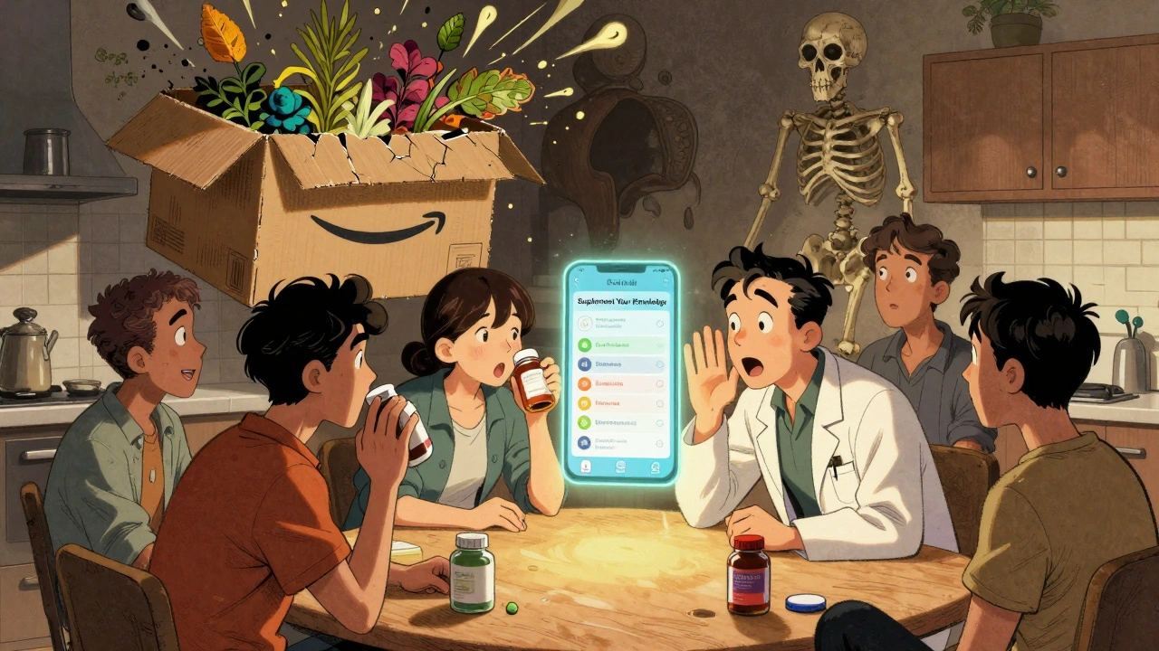 Un groupe discute avec son médecin, une application affiche des avis de sécurité, un box Amazon s’effondre en arrière-plan.