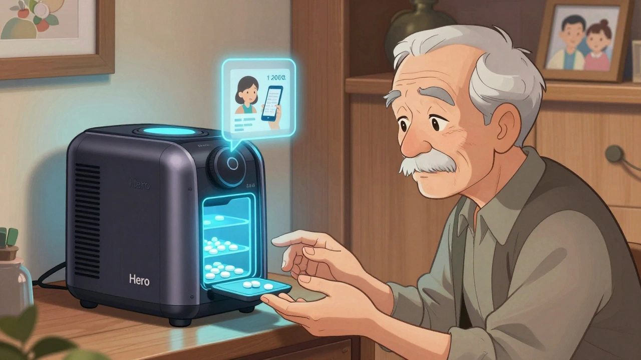 Un homme âgé reçoit ses comprimés d&#039;un distributeur intelligent qui envoie une alerte à un proche.
