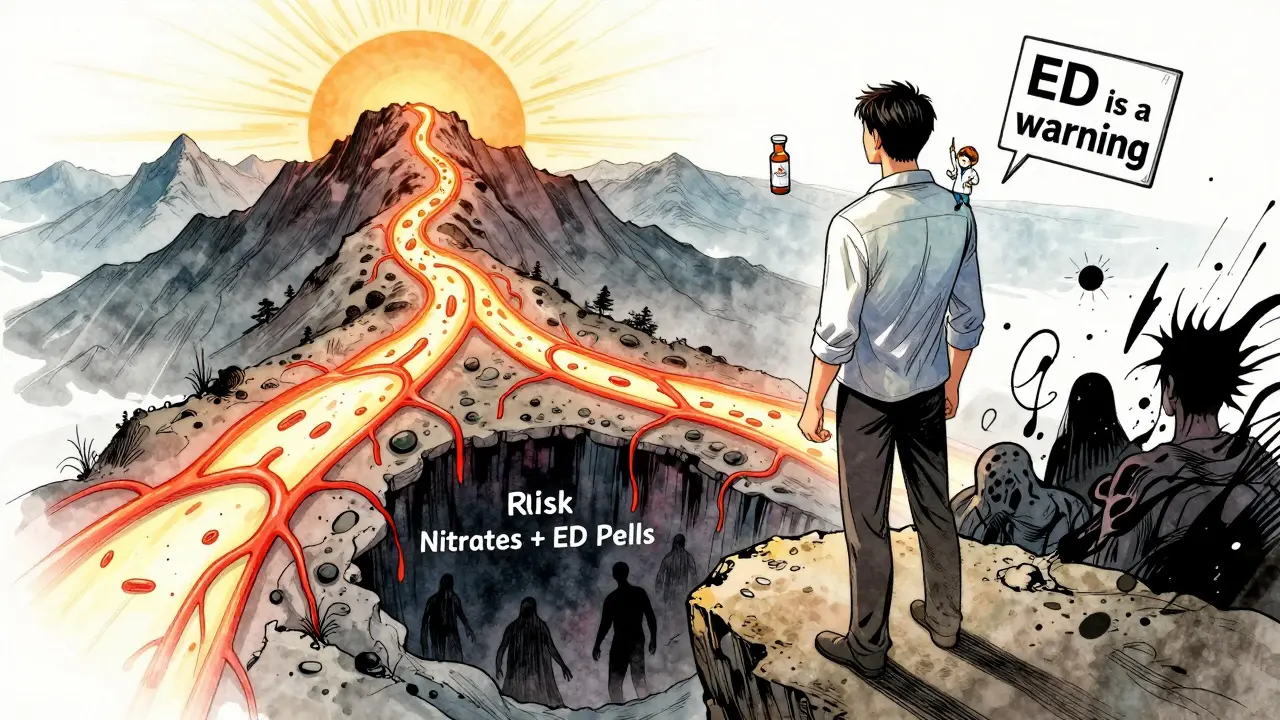 Un homme face à un choix : une voie vers la santé ou un précipice mortel, symbolisant les risques des médicaments.